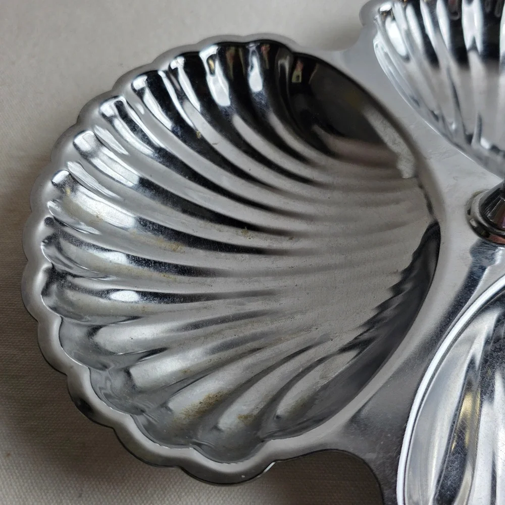 Vintage Irvinware Chrome 3 Section Shell Server Tidbit Tray Made in USA